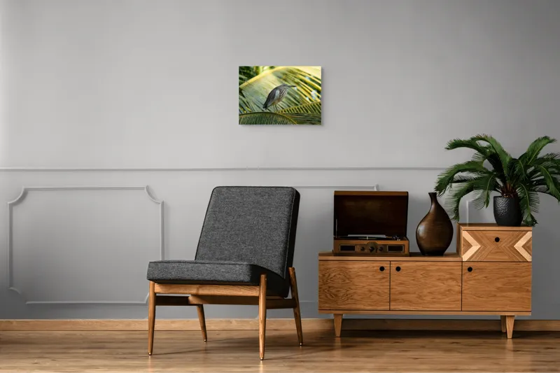 Tablou Canvas, "Egreta pe frunza de palmier", Pasăre, Palmier, Penaj, Verde, Natură, Lumina, Aripi, Tropical., 54 x 39 cm – poza 7