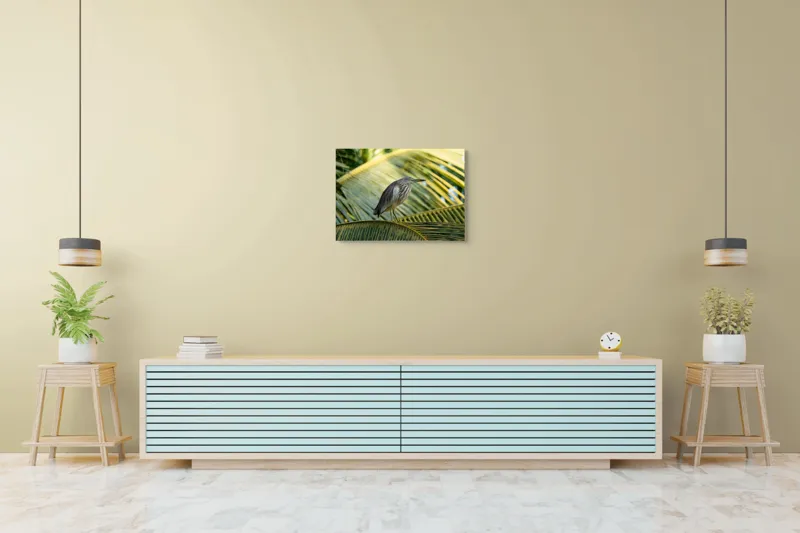 Tablou Canvas, "Egreta pe frunza de palmier", Pasăre, Palmier, Penaj, Verde, Natură, Lumina, Aripi, Tropical., 70 x 50 cm – poza 7