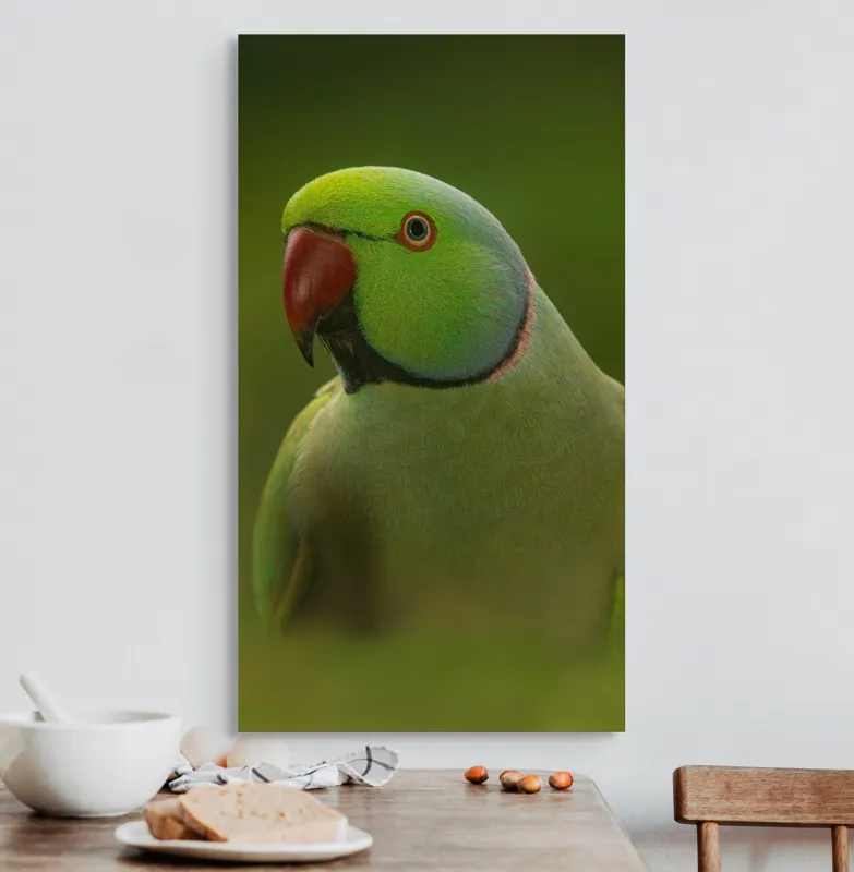 Tablou Canvas, "Papagalul în verdele naturii vii", Verde, Pene, Papagal, Cioc, Privire, Guler, Ochi, 50 x 90 cm – poza 3