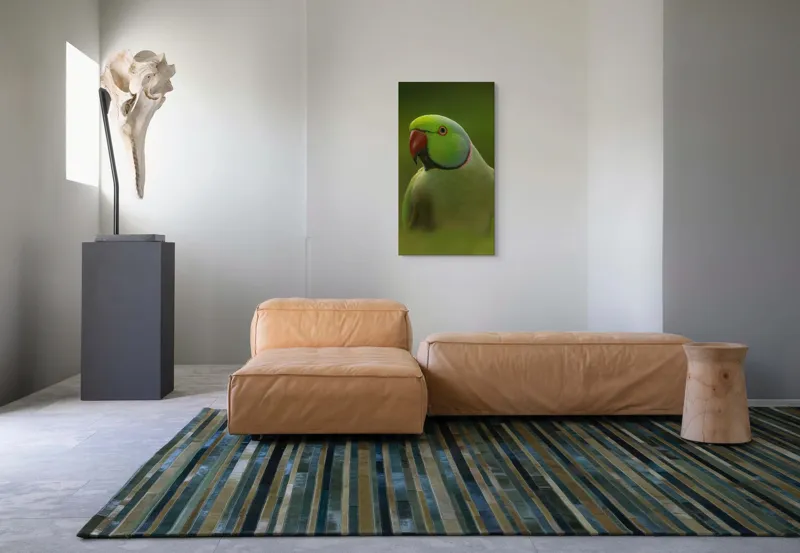 Tablou Canvas, "Papagalul în verdele naturii vii", Verde, Pene, Papagal, Cioc, Privire, Guler, Ochi, 50 x 90 cm – poza 5