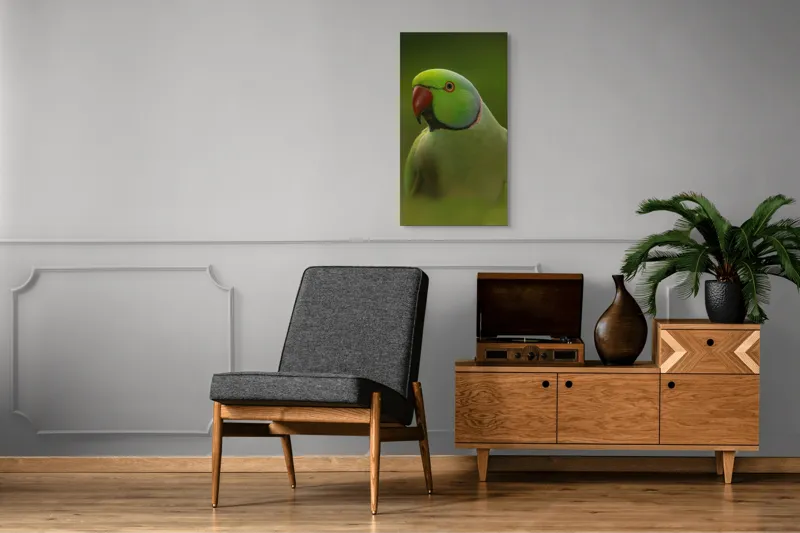 Tablou Canvas, "Papagalul în verdele naturii vii", Verde, Pene, Papagal, Cioc, Privire, Guler, Ochi, 50 x 90 cm – poza 8