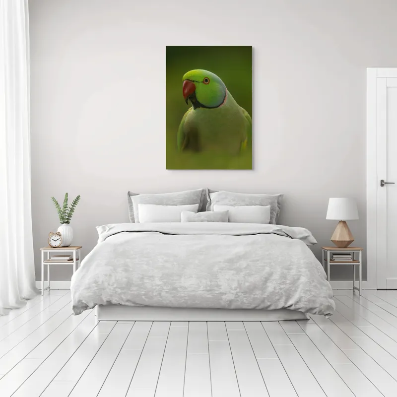 Tablou Canvas, "Papagalul în verdele naturii vii", Verde, Pene, Papagal, Cioc, Privire, Guler, Ochi, 70 x 100 cm – poza 3