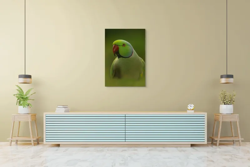 Tablou Canvas, "Papagalul în verdele naturii vii", Verde, Pene, Papagal, Cioc, Privire, Guler, Ochi, 70 x 100 cm – poza 5