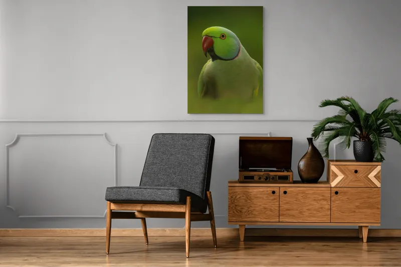Tablou Canvas, "Papagalul în verdele naturii vii", Verde, Pene, Papagal, Cioc, Privire, Guler, Ochi, 70 x 100 cm – poza 6