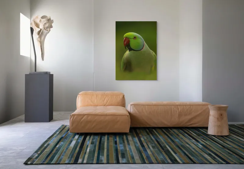 Tablou Canvas, "Papagalul în verdele naturii vii", Verde, Pene, Papagal, Cioc, Privire, Guler, Ochi, 70 x 100 cm – poza 7