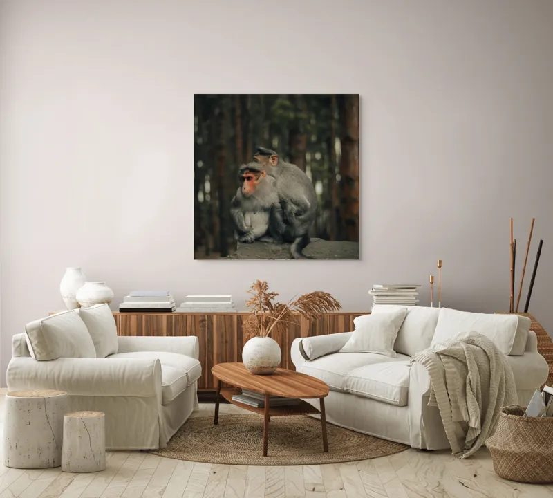 Tablou Canvas, "Două maimuțe în pădure liniștită", Maimuțe, Pădure, Frunze, Tulpini, Copaci, Timp, Liniște, Contemplare, Solidaritate, Natura, 100 x 100 cm – poza 3