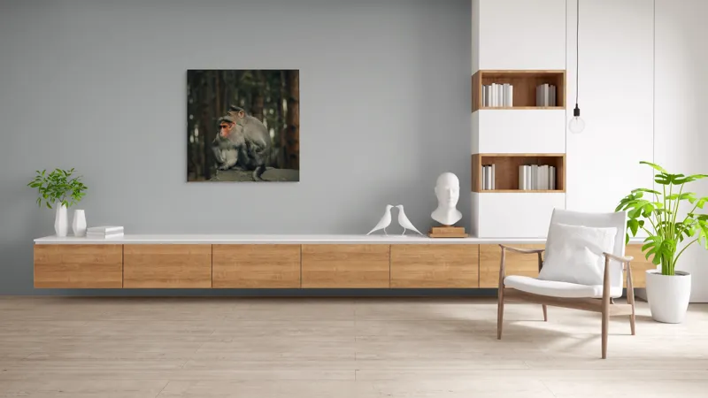 Tablou Canvas, "Două maimuțe în pădure liniștită", Maimuțe, Pădure, Frunze, Tulpini, Copaci, Timp, Liniște, Contemplare, Solidaritate, Natura, 100 x 100 cm – poza 8