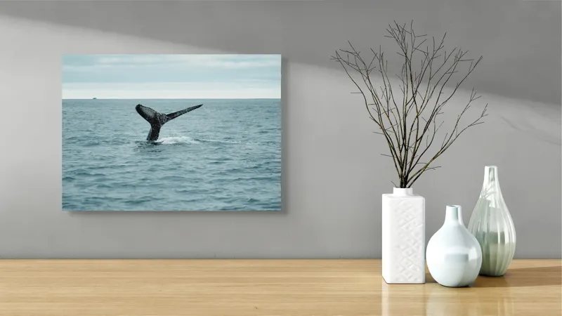 Tablou Canvas, "Coada impunătoare a balenei albastre", Ocean, Balena, Coada, Valuri, Cer, Liber, Apă, Natură., 54 x 39 cm – poza 3