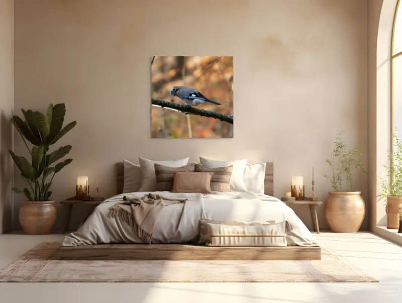 Tablou Canvas, "Pasărea contemplativă în pădurea de toamnă", Pasăre, Ramură, Penaj, Pădure, Toamnă, Culoare, Linie, Penaj, Observare, 100 x 100 cm – poza 4