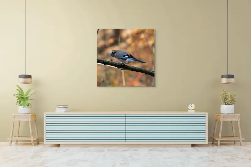 Tablou Canvas, "Pasărea contemplativă în pădurea de toamnă", Pasăre, Ramură, Penaj, Pădure, Toamnă, Culoare, Linie, Penaj, Observare, 100 x 100 cm – poza 5