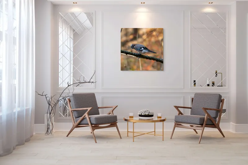 Tablou Canvas, "Pasărea contemplativă în pădurea de toamnă", Pasăre, Ramură, Penaj, Pădure, Toamnă, Culoare, Linie, Penaj, Observare, 100 x 100 cm – poza 7