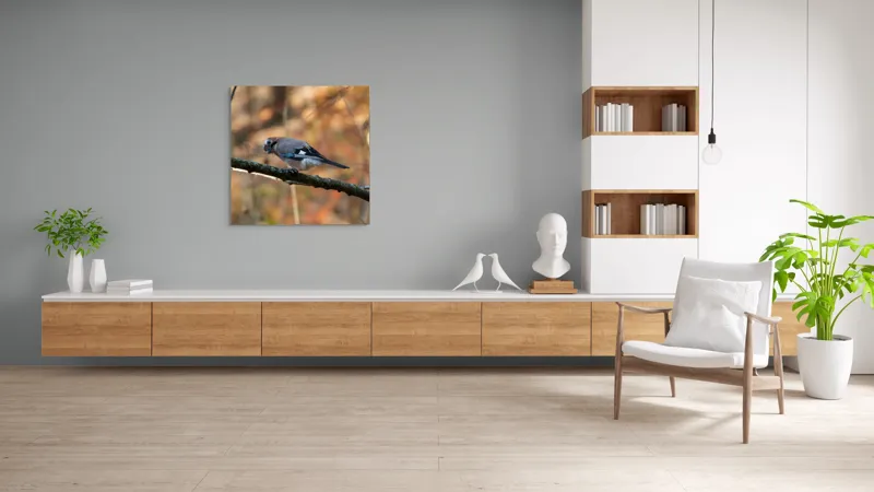 Tablou Canvas, "Pasărea contemplativă în pădurea de toamnă", Pasăre, Ramură, Penaj, Pădure, Toamnă, Culoare, Linie, Penaj, Observare, 100 x 100 cm – poza 8