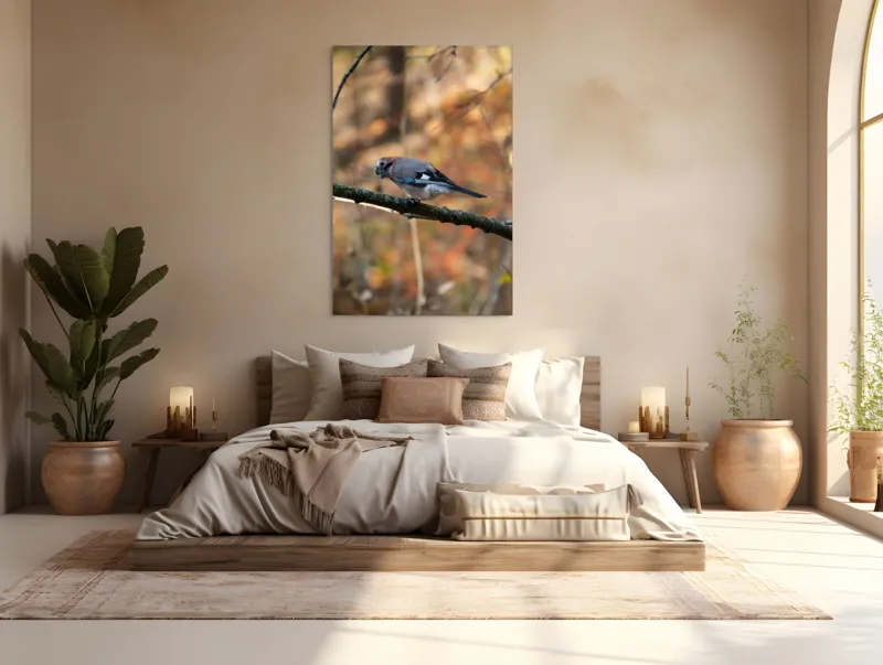 Tablou Canvas, "Pasărea contemplativă în pădurea de toamnă", Pasăre, Ramură, Penaj, Pădure, Toamnă, Culoare, Linie, Penaj, Observare, 100 x 150 cm – poza 3