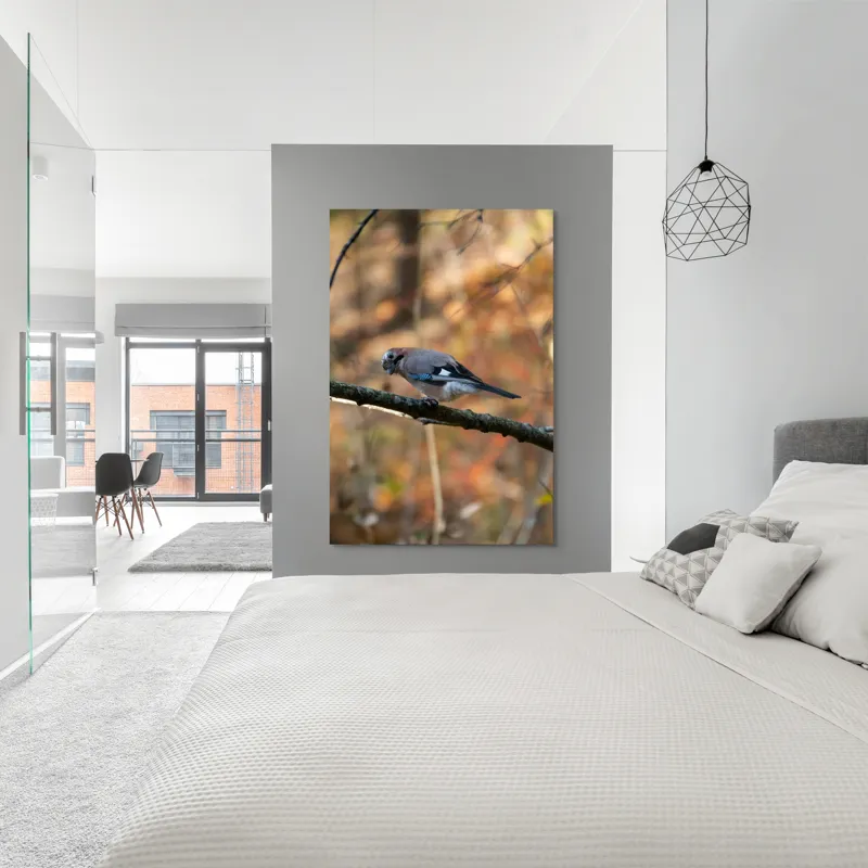 Tablou Canvas, "Pasărea contemplativă în pădurea de toamnă", Pasăre, Ramură, Penaj, Pădure, Toamnă, Culoare, Linie, Penaj, Observare, 100 x 150 cm – poza 5