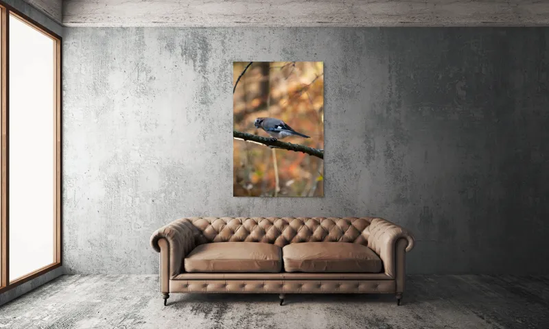 Tablou Canvas, "Pasărea contemplativă în pădurea de toamnă", Pasăre, Ramură, Penaj, Pădure, Toamnă, Culoare, Linie, Penaj, Observare, 100 x 150 cm – poza 6