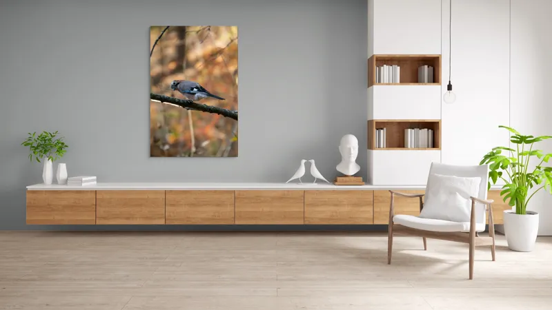 Tablou Canvas, "Pasărea contemplativă în pădurea de toamnă", Pasăre, Ramură, Penaj, Pădure, Toamnă, Culoare, Linie, Penaj, Observare, 100 x 150 cm – poza 8