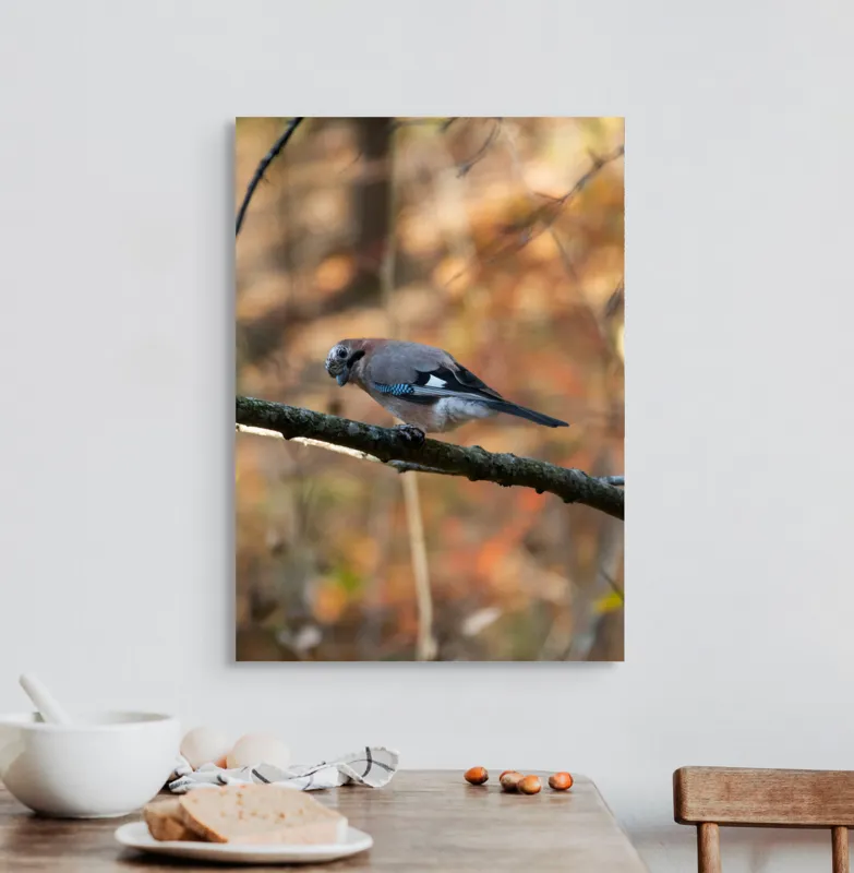 Tablou Canvas, "Pasărea contemplativă în pădurea de toamnă", Pasăre, Ramură, Penaj, Pădure, Toamnă, Culoare, Linie, Penaj, Observare, 50 x 70 cm – poza 3