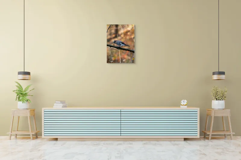 Tablou Canvas, "Pasărea contemplativă în pădurea de toamnă", Pasăre, Ramură, Penaj, Pădure, Toamnă, Culoare, Linie, Penaj, Observare, 50 x 70 cm – poza 6