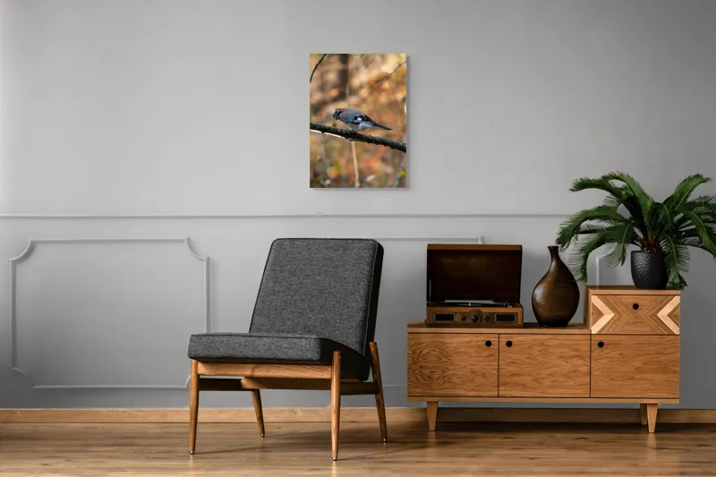 Tablou Canvas, "Pasărea contemplativă în pădurea de toamnă", Pasăre, Ramură, Penaj, Pădure, Toamnă, Culoare, Linie, Penaj, Observare, 50 x 70 cm – poza 8