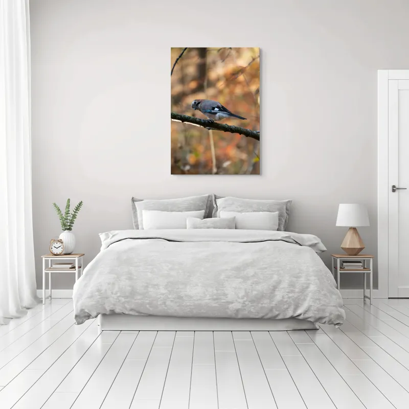 Tablou Canvas, "Pasărea contemplativă în pădurea de toamnă", Pasăre, Ramură, Penaj, Pădure, Toamnă, Culoare, Linie, Penaj, Observare, 70 x 100 cm – poza 3