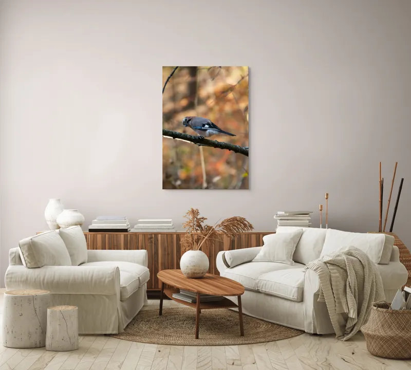 Tablou Canvas, "Pasărea contemplativă în pădurea de toamnă", Pasăre, Ramură, Penaj, Pădure, Toamnă, Culoare, Linie, Penaj, Observare, 70 x 100 cm – poza 4