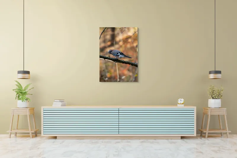 Tablou Canvas, "Pasărea contemplativă în pădurea de toamnă", Pasăre, Ramură, Penaj, Pădure, Toamnă, Culoare, Linie, Penaj, Observare, 70 x 100 cm – poza 5