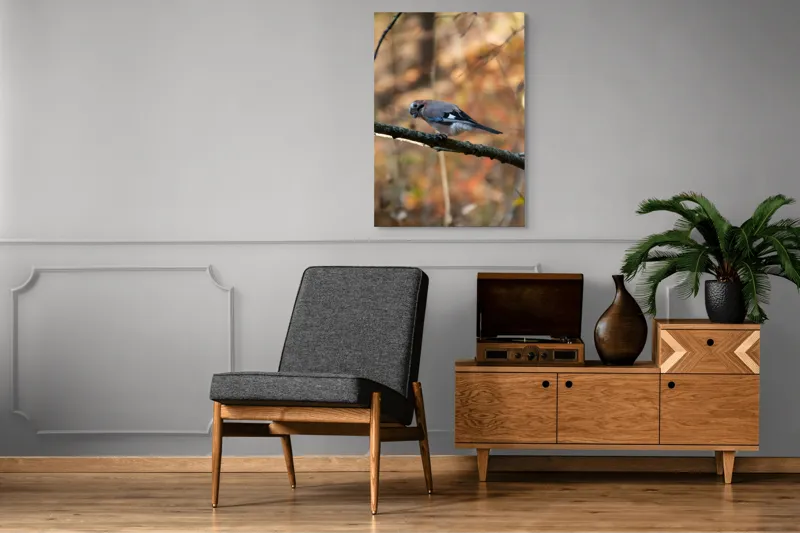 Tablou Canvas, "Pasărea contemplativă în pădurea de toamnă", Pasăre, Ramură, Penaj, Pădure, Toamnă, Culoare, Linie, Penaj, Observare, 70 x 100 cm – poza 6
