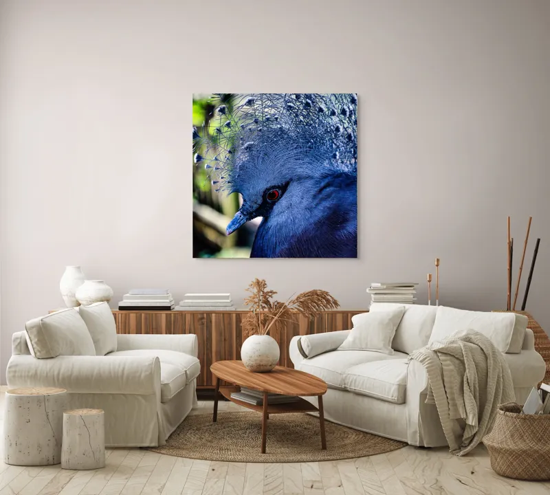 Tablou Canvas, "Misterul păsării cu creastă regală", Elegant, Regal, Impunător, Culori, Delicat, Păun, Privire, Albastru, Vibrant, Textură, 100 x 100 cm – poza 3