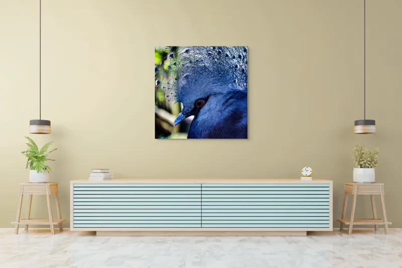 Tablou Canvas, "Misterul păsării cu creastă regală", Elegant, Regal, Impunător, Culori, Delicat, Păun, Privire, Albastru, Vibrant, Textură, 100 x 100 cm – poza 5