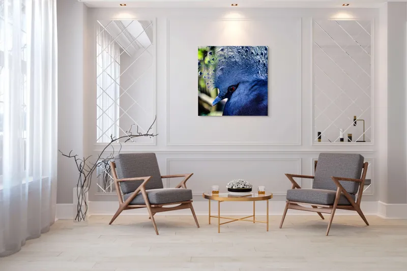 Tablou Canvas, "Misterul păsării cu creastă regală", Elegant, Regal, Impunător, Culori, Delicat, Păun, Privire, Albastru, Vibrant, Textură, 100 x 100 cm – poza 7