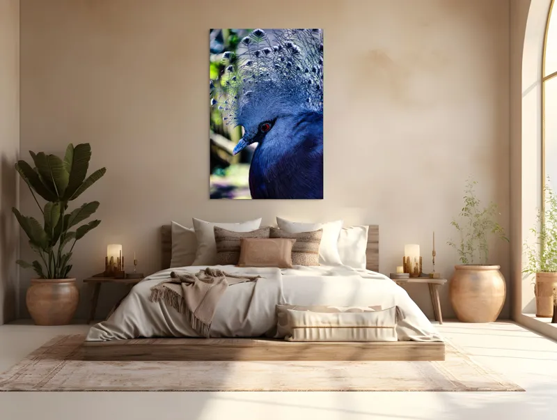Tablou Canvas, "Misterul păsării cu creastă regală", Elegant, Regal, Impunător, Culori, Delicat, Păun, Privire, Albastru, Vibrant, Textură, 100 x 150 cm – poza 3