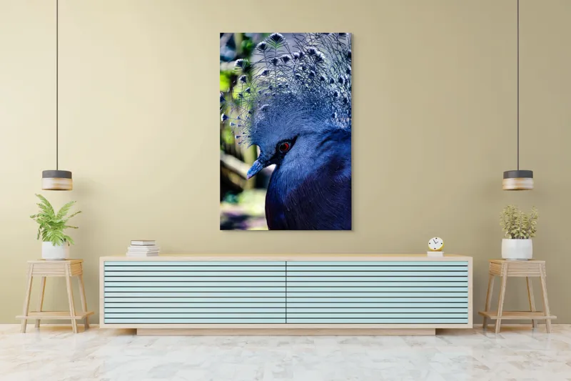 Tablou Canvas, "Misterul păsării cu creastă regală", Elegant, Regal, Impunător, Culori, Delicat, Păun, Privire, Albastru, Vibrant, Textură, 100 x 150 cm – poza 4