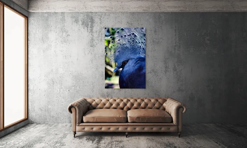 Tablou Canvas, "Misterul păsării cu creastă regală", Elegant, Regal, Impunător, Culori, Delicat, Păun, Privire, Albastru, Vibrant, Textură, 100 x 150 cm – poza 6
