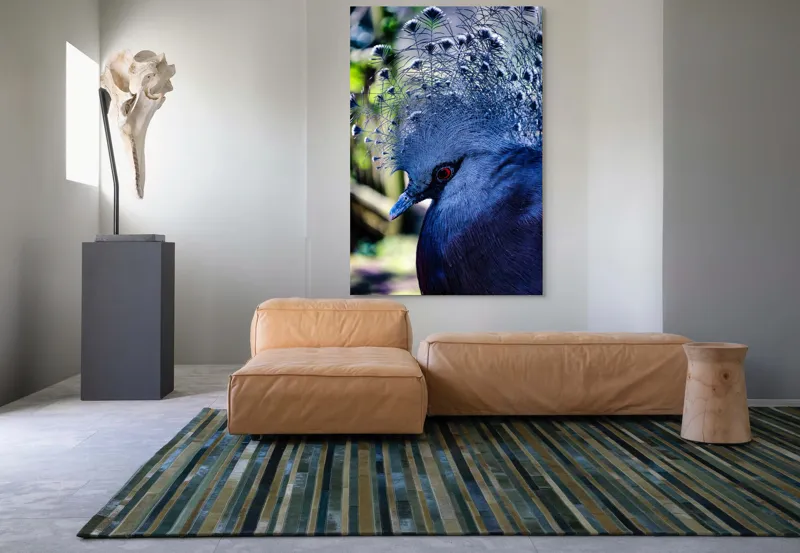 Tablou Canvas, "Misterul păsării cu creastă regală", Elegant, Regal, Impunător, Culori, Delicat, Păun, Privire, Albastru, Vibrant, Textură, 100 x 150 cm – poza 7