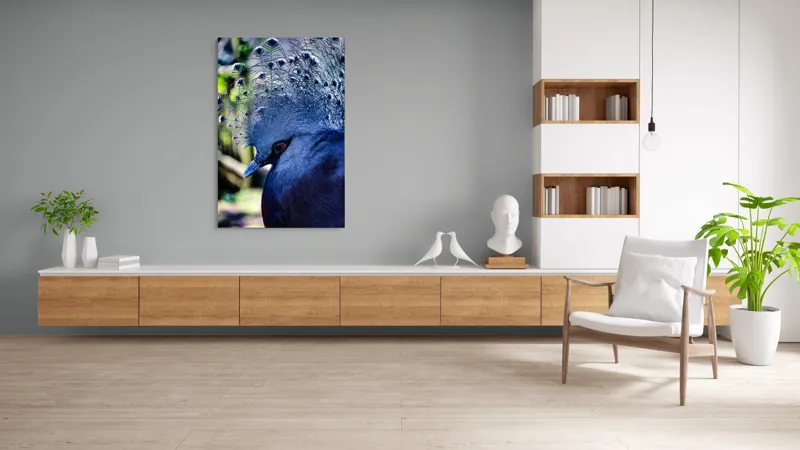 Tablou Canvas, "Misterul păsării cu creastă regală", Elegant, Regal, Impunător, Culori, Delicat, Păun, Privire, Albastru, Vibrant, Textură, 100 x 150 cm – poza 8
