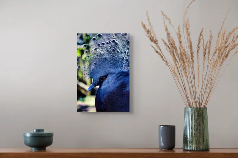 Tablou Canvas, "Misterul păsării cu creastă regală", Elegant, Regal, Impunător, Culori, Delicat, Păun, Privire, Albastru, Vibrant, Textură, 26 x 39 cm – poza 5