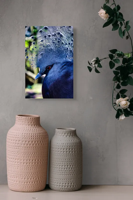 Tablou Canvas, "Misterul păsării cu creastă regală", Elegant, Regal, Impunător, Culori, Delicat, Păun, Privire, Albastru, Vibrant, Textură, 26 x 39 cm – poza 6