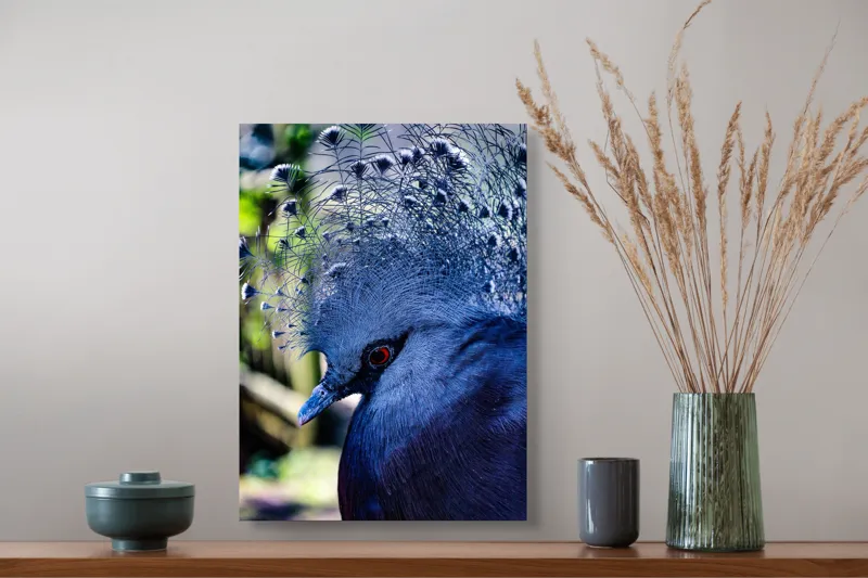 Tablou Canvas, "Misterul păsării cu creastă regală", Elegant, Regal, Impunător, Culori, Delicat, Păun, Privire, Albastru, Vibrant, Textură, 39 x 54 cm – poza 3
