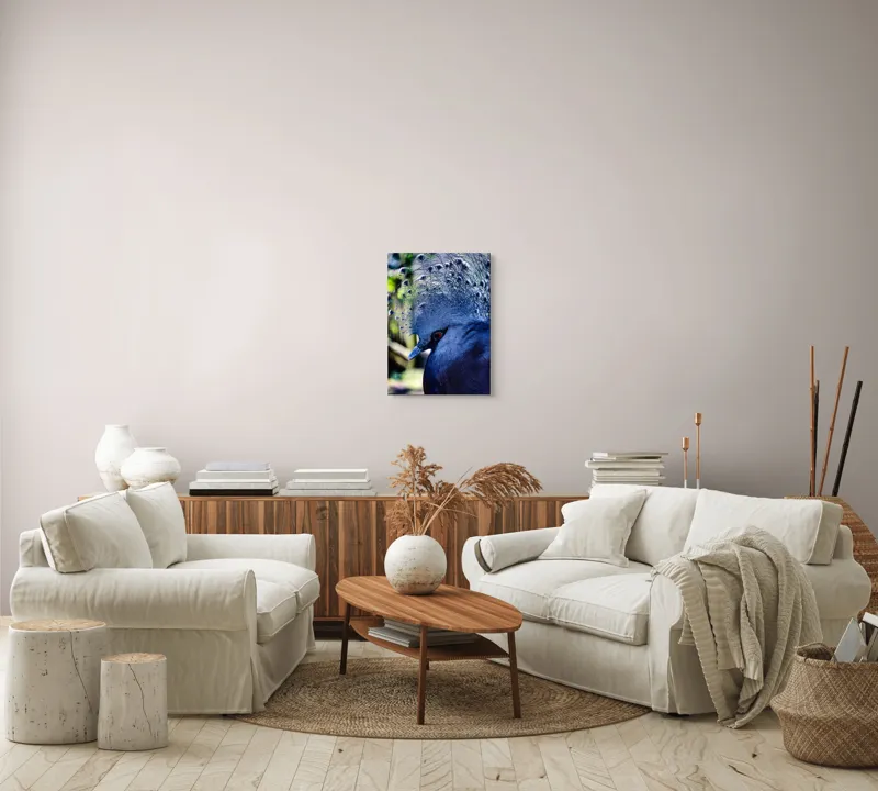 Tablou Canvas, "Misterul păsării cu creastă regală", Elegant, Regal, Impunător, Culori, Delicat, Păun, Privire, Albastru, Vibrant, Textură, 39 x 54 cm – poza 5