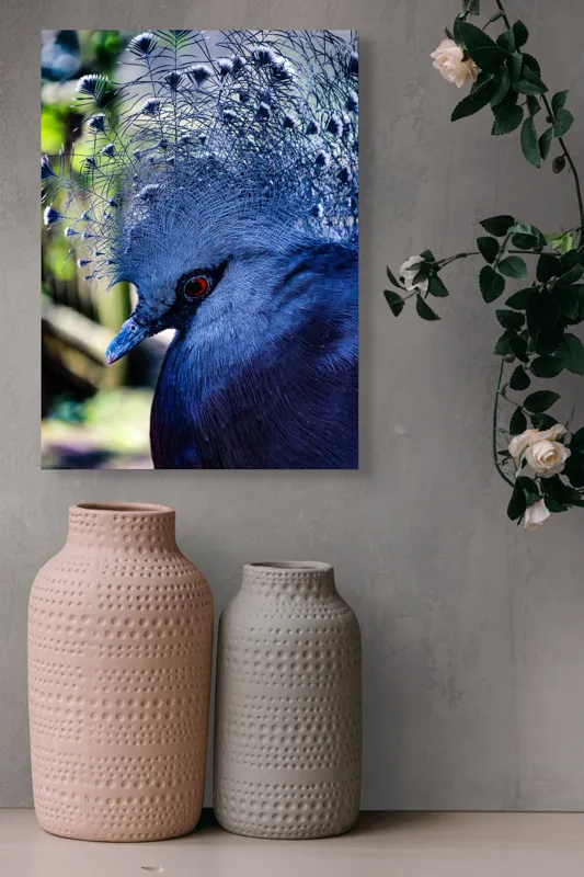 Tablou Canvas, "Misterul păsării cu creastă regală", Elegant, Regal, Impunător, Culori, Delicat, Păun, Privire, Albastru, Vibrant, Textură, 39 x 54 cm – poza 6