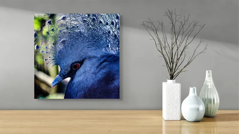 Tablou Canvas, "Misterul păsării cu creastă regală", Elegant, Regal, Impunător, Culori, Delicat, Păun, Privire, Albastru, Vibrant, Textură, 50 x 50 cm – poza 3