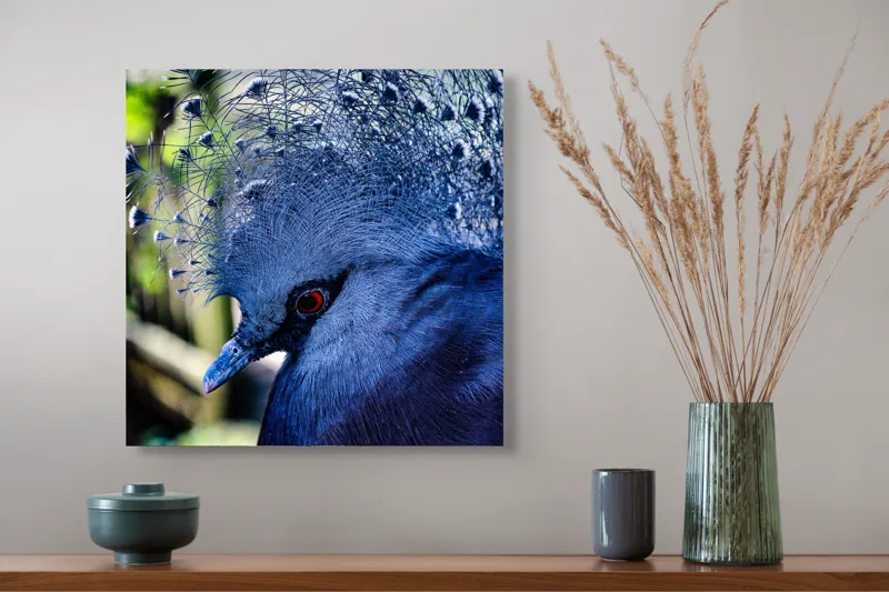 Tablou Canvas, "Misterul păsării cu creastă regală", Elegant, Regal, Impunător, Culori, Delicat, Păun, Privire, Albastru, Vibrant, Textură, 50 x 50 cm – poza 4