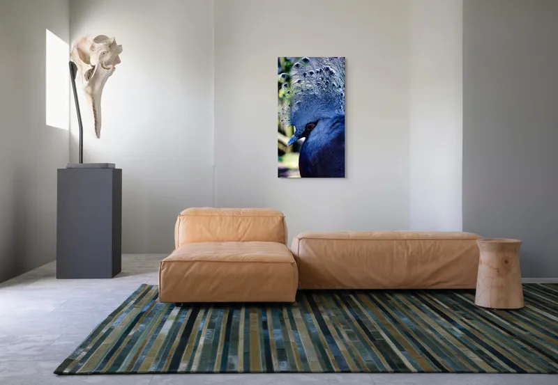 Tablou Canvas, "Misterul păsării cu creastă regală", Elegant, Regal, Impunător, Culori, Delicat, Păun, Privire, Albastru, Vibrant, Textură, 50 x 90 cm – poza 5