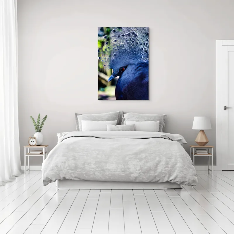 Tablou Canvas, "Misterul păsării cu creastă regală", Elegant, Regal, Impunător, Culori, Delicat, Păun, Privire, Albastru, Vibrant, Textură, 70 x 100 cm – poza 3