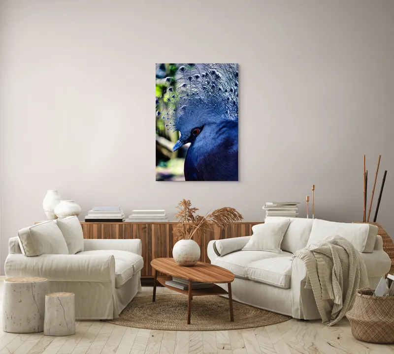 Tablou Canvas, "Misterul păsării cu creastă regală", Elegant, Regal, Impunător, Culori, Delicat, Păun, Privire, Albastru, Vibrant, Textură, 70 x 100 cm – poza 4