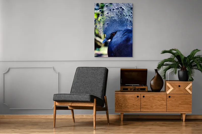 Tablou Canvas, "Misterul păsării cu creastă regală", Elegant, Regal, Impunător, Culori, Delicat, Păun, Privire, Albastru, Vibrant, Textură, 70 x 100 cm – poza 6