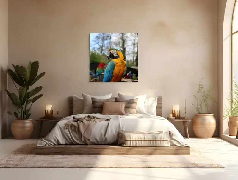 Tablou Canvas, "Papagalul Ara în lumina soarelui", Pasăre, Papagal, Colorat, Albastru, Galben, Natură, Pene, Frumos, Viu, Ținută, Ramură, 100 x 100 cm – poza 4