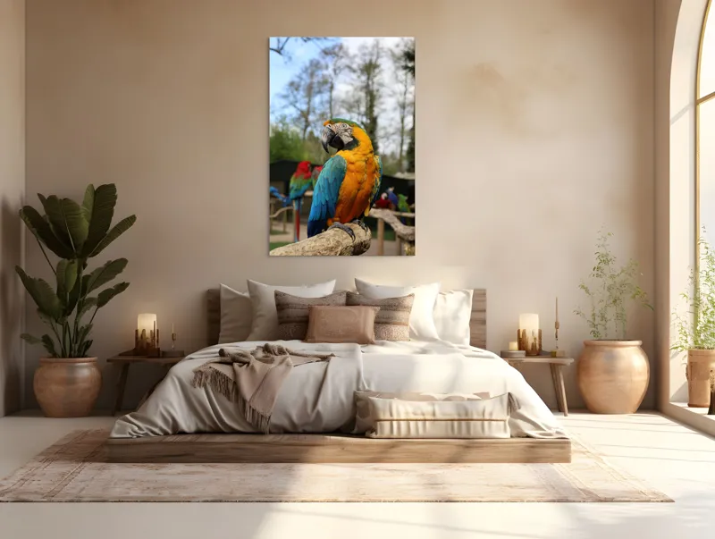 Tablou Canvas, "Papagalul Ara în lumina soarelui", Pasăre, Papagal, Colorat, Albastru, Galben, Natură, Pene, Frumos, Viu, Ținută, Ramură, 100 x 150 cm – poza 3