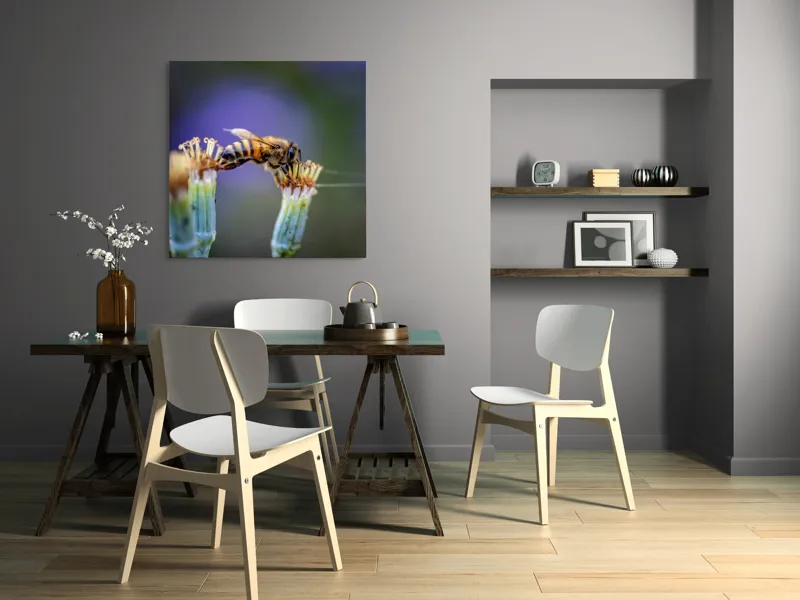 Tablou Canvas, "Albina lucrătoare pe floare delicată", Albină, Polen, Flori, Natural, Fragilitate, Echilibru, Natură, Violet, Verde, Antene, Aripi, 100 x 100 cm – poza 6
