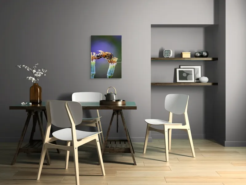 Tablou Canvas, "Albina lucrătoare pe floare delicată", Albină, Polen, Flori, Natural, Fragilitate, Echilibru, Natură, Violet, Verde, Antene, Aripi, 50 x 70 cm – poza 5
